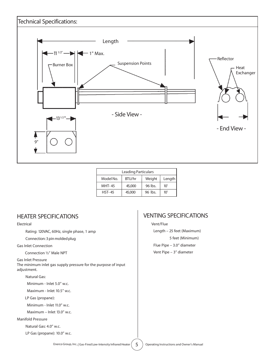 Technical specifications: - side view - - end view, Heater specifications, Venting specifications | Enerco HST45 User Manual | Page 5 / 24
