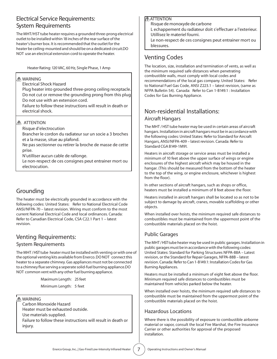 Venting codes, Non-residential installations, Grounding | Venting requirements | Enerco HST45 User Manual | Page 7 / 24