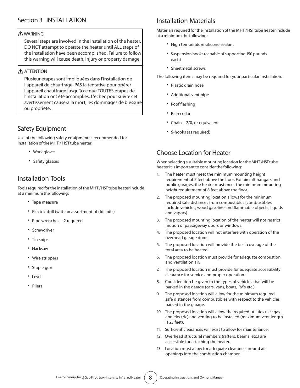 Safety equipment, Installation tools, Installation materials | Choose location for heater | Enerco HST45 User Manual | Page 8 / 24