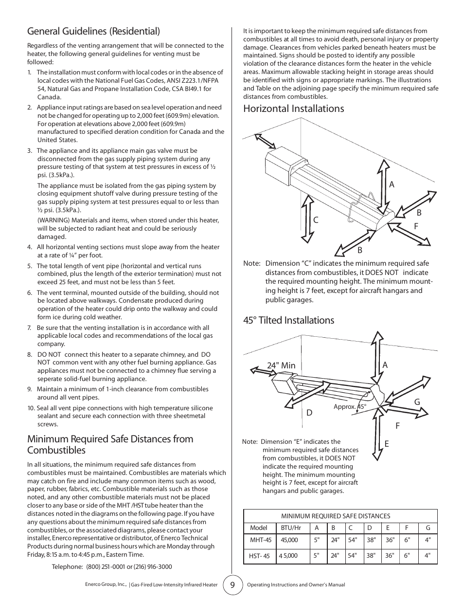 Horizontal installations, 45° tilted installations, General guidelines (residential) | Minimum required safe distances from combustibles | Enerco HST45 User Manual | Page 9 / 24