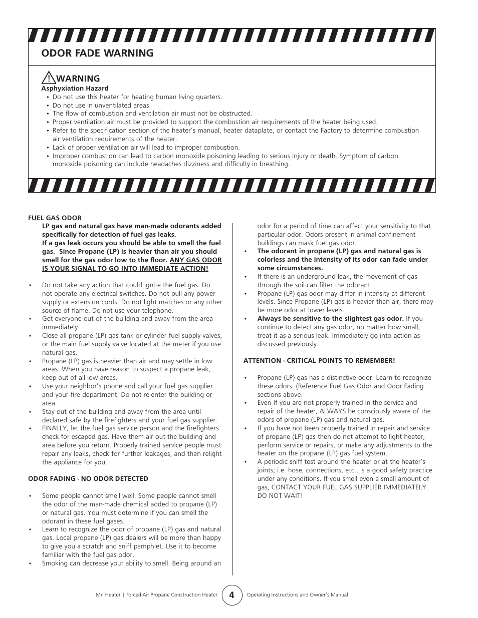 Odor fade warning, Warning | Enerco MH170FAVT User Manual | Page 4 / 8