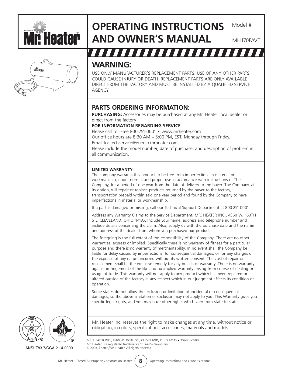 Operating instructions and owner’s manual, Warning, Parts ordering information | Enerco MH170FAVT User Manual | Page 8 / 8