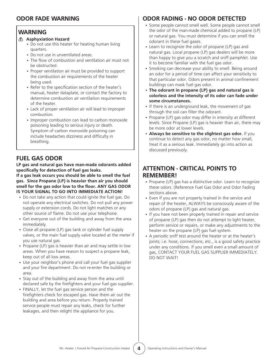 Odor fade warning warning, Fuel gas odor, Odor fading - no odor detected | Attention - critical points to remember | Enerco MH35FA User Manual | Page 4 / 8