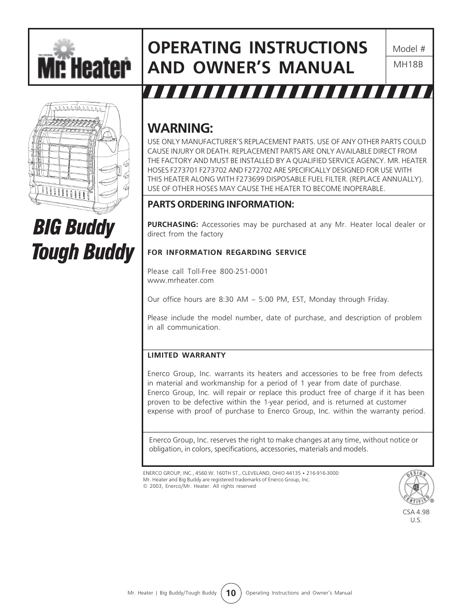 Operating instructions and owner’s manual, Warning, Parts ordering information | Enerco MH18B User Manual | Page 10 / 10