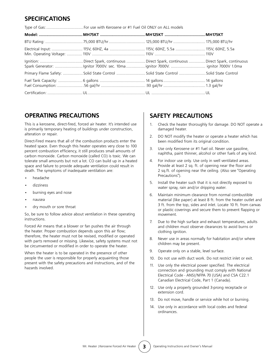 Operating precautions, Safety precautions, Specifications | Enerco MH175KT User Manual | Page 3 / 8