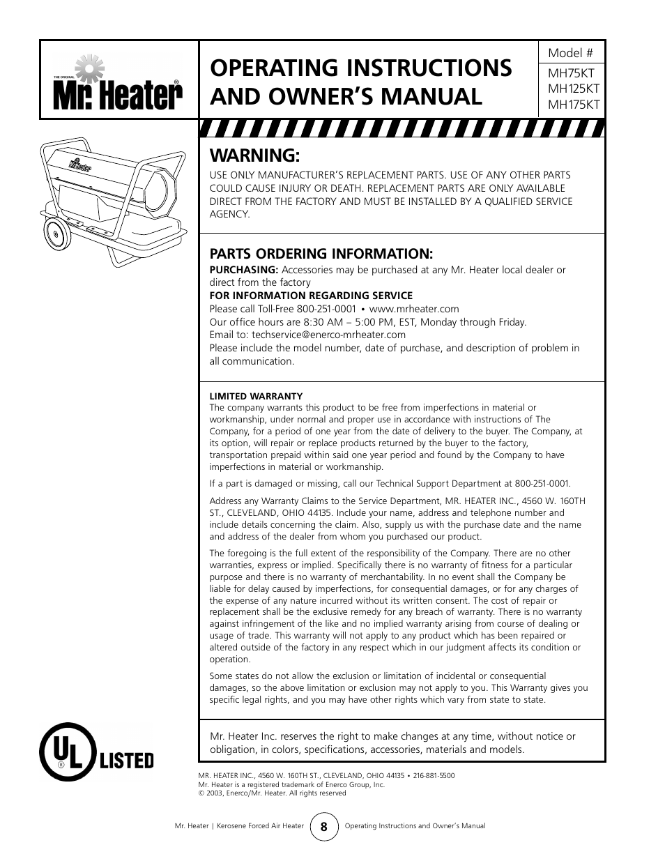 Operating instructions and owner’s manual, Warning, Parts ordering information | Enerco MH175KT User Manual | Page 8 / 8