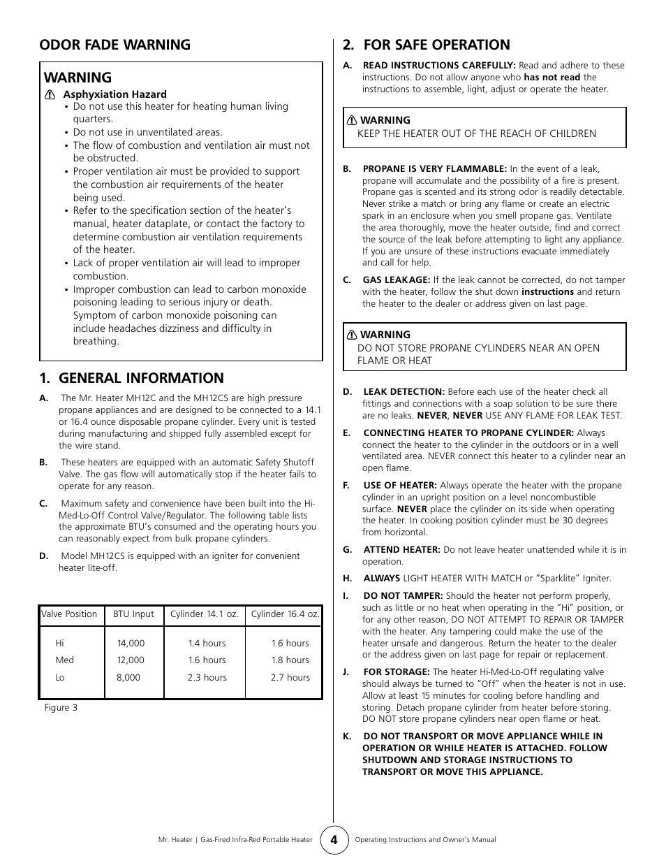 Odor fade warning warning, General information, For safe operation | Enerco MH12CS User Manual | Page 4 / 8