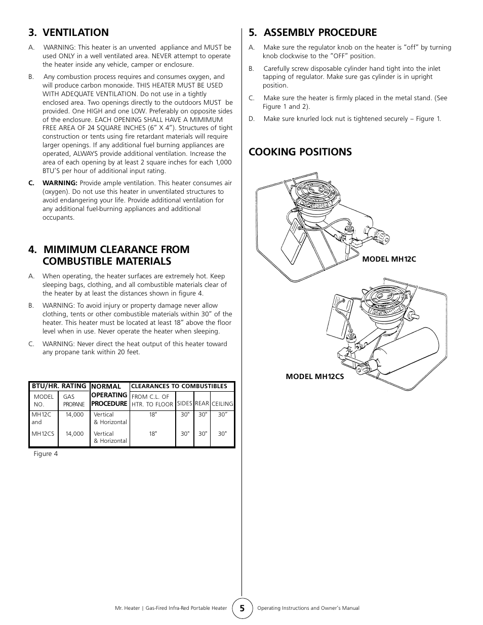 Ventilation, Mimimum clearance from combustible materials, Assembly procedure | Cooking positions | Enerco MH12CS User Manual | Page 5 / 8