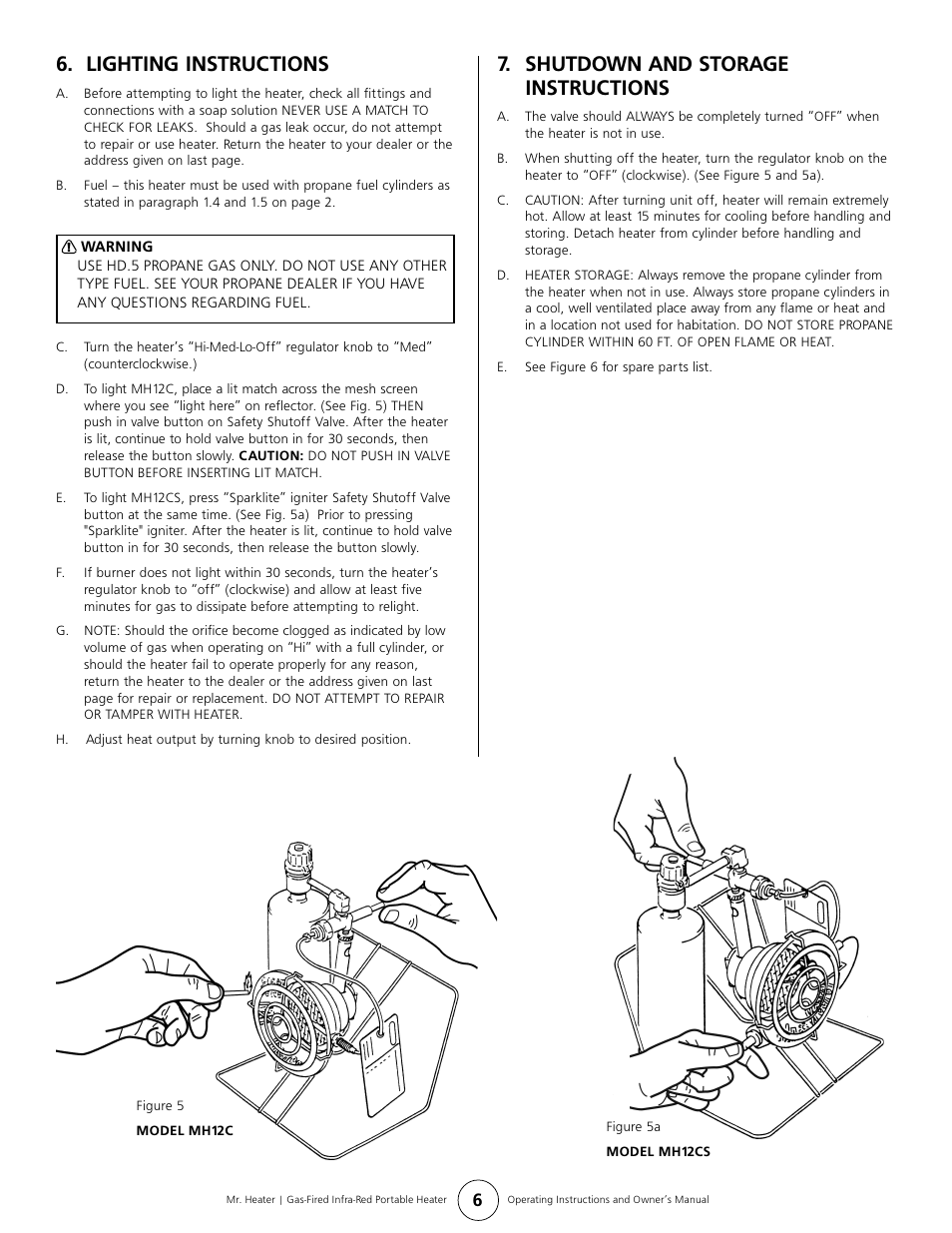 Lighting instructions, Shutdown and storage instructions | Enerco MH12CS User Manual | Page 6 / 8