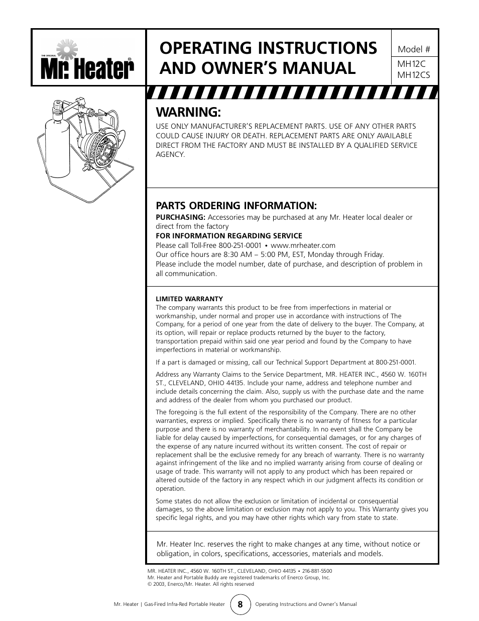 Operating instructions and owner’s manual, Warning, Parts ordering information | Enerco MH12CS User Manual | Page 8 / 8