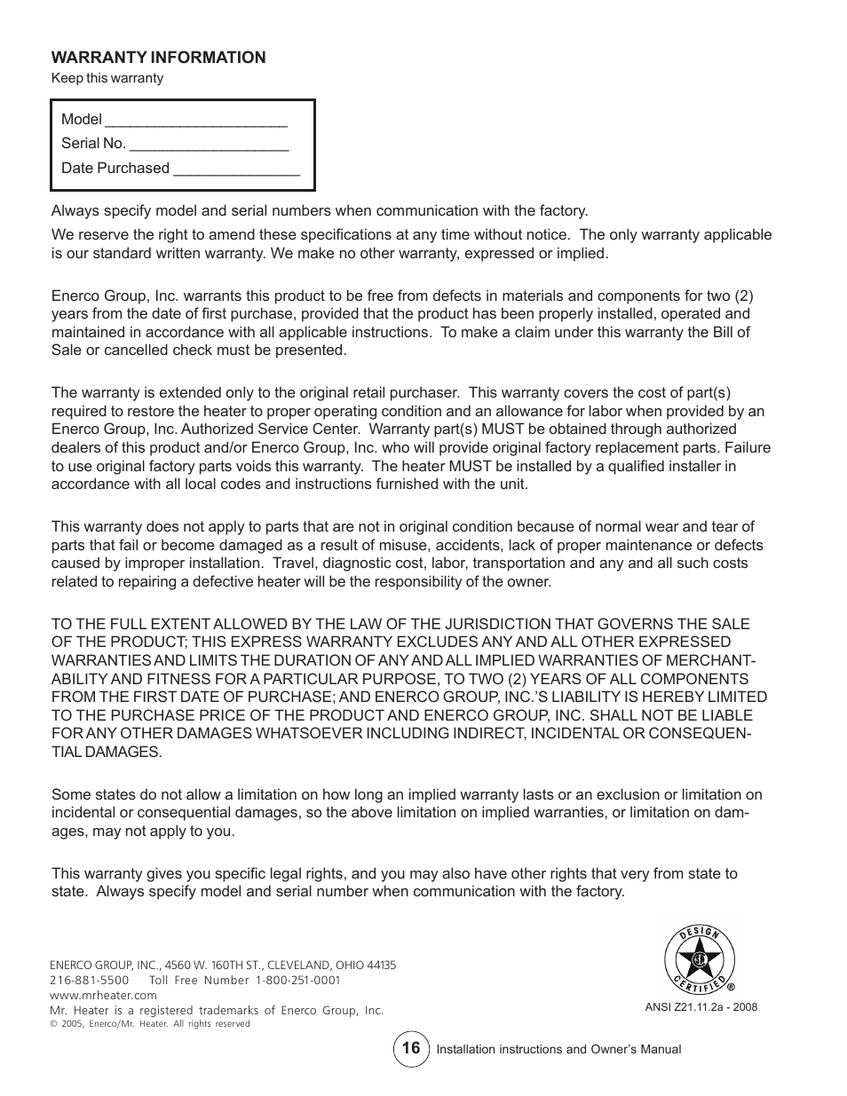 Enerco MHVFB10LPI User Manual | Page 16 / 16