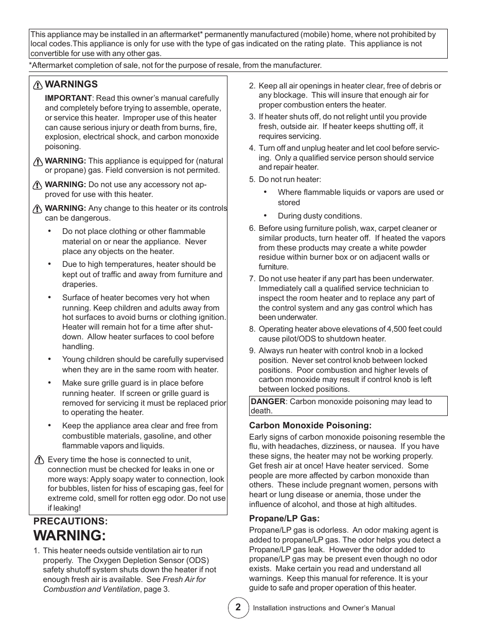 Warning | Enerco MHVFB10LPI User Manual | Page 2 / 16