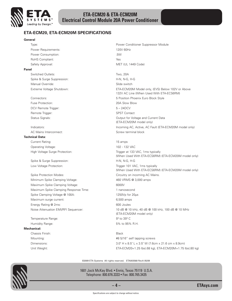 Eta-ecm20, eta-ecm20m specifications | ETA Systems ETA-ECM20M User Manual | Page 4 / 4