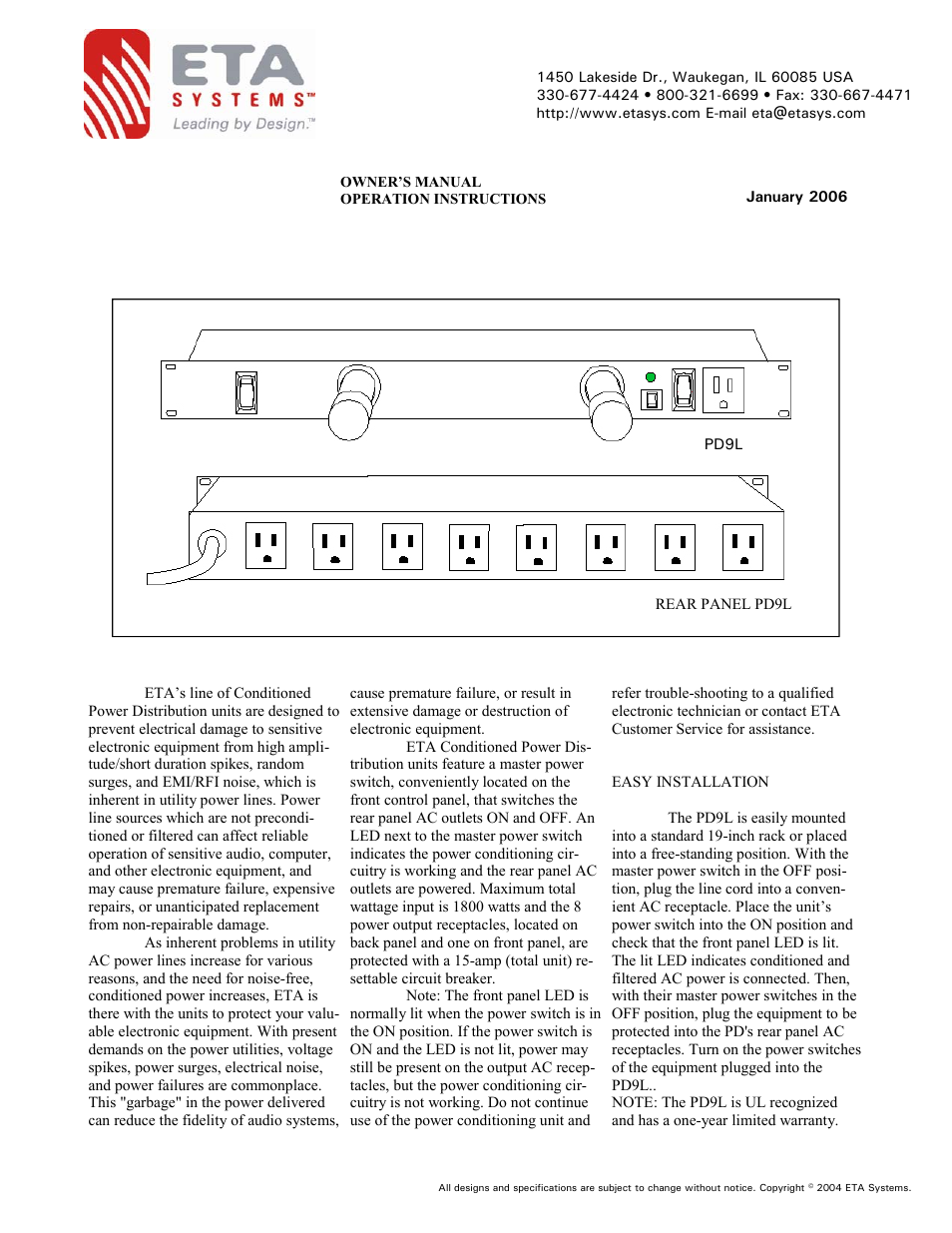 ETA Systems PD9L User Manual | 2 pages