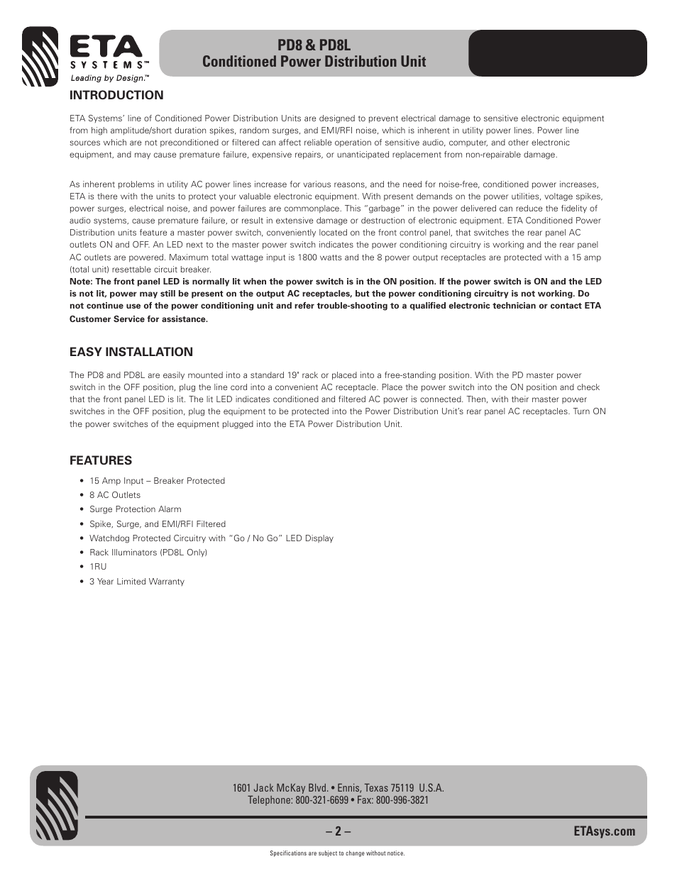 Pd8 & pd8l conditioned power distribution unit | ETA Systems PD8 User Manual | Page 2 / 4