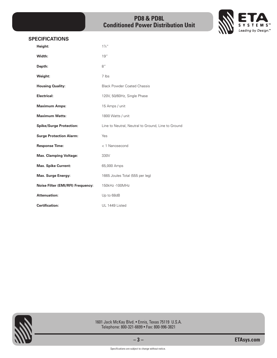 Pd8 & pd8l conditioned power distribution unit, Specifications | ETA Systems PD8 User Manual | Page 3 / 4