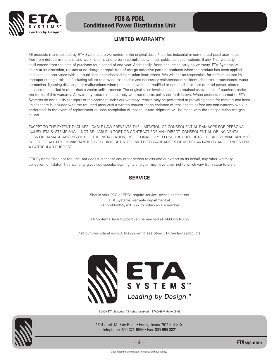 Pd8 & pd8l conditioned power distribution unit | ETA Systems PD8 User Manual | Page 4 / 4