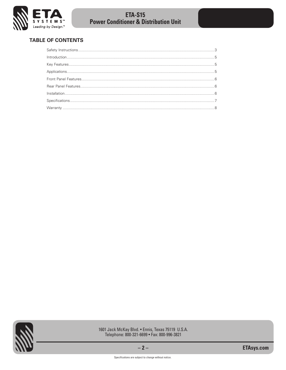 Eta-s15 power conditioner & distribution unit | ETA Systems ETA-S15 User Manual | Page 2 / 8