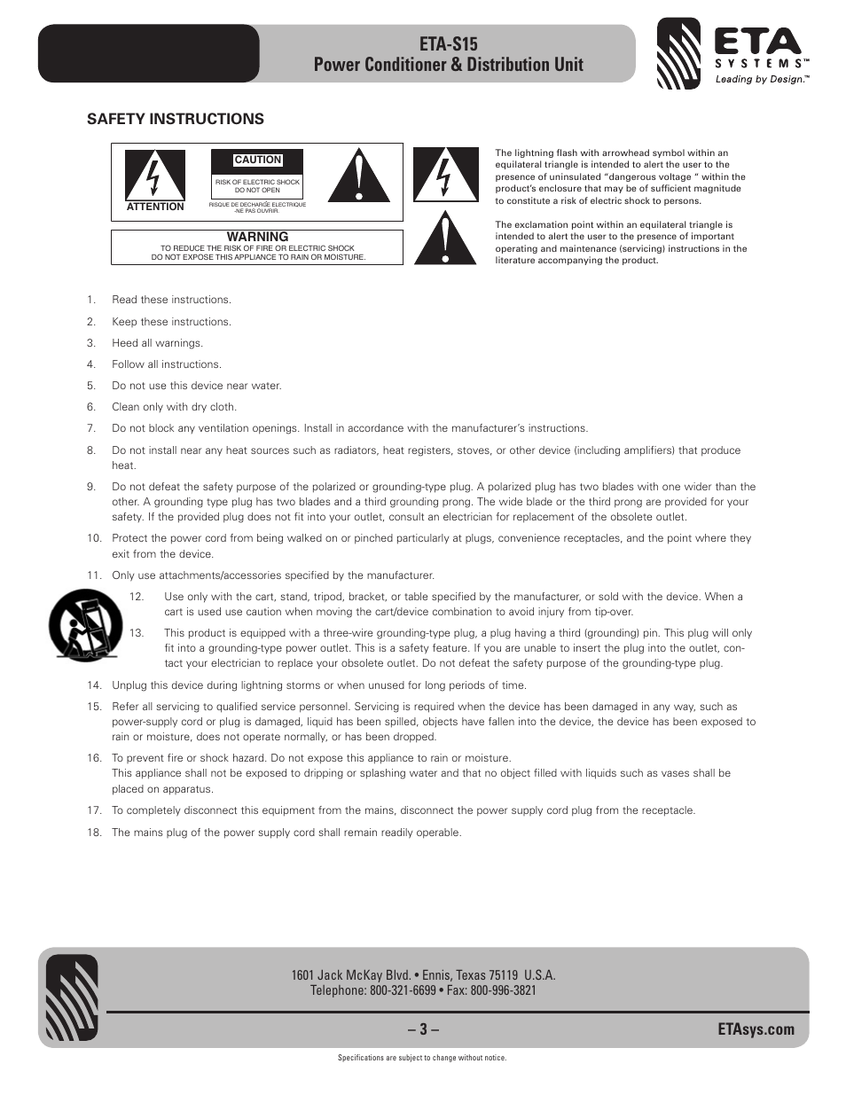 Eta-s15 power conditioner & distribution unit, Safety instructions | ETA Systems ETA-S15 User Manual | Page 3 / 8