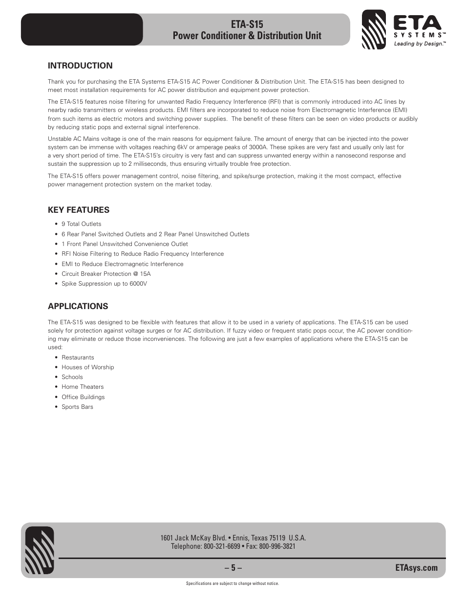 Eta-s15 power conditioner & distribution unit | ETA Systems ETA-S15 User Manual | Page 5 / 8