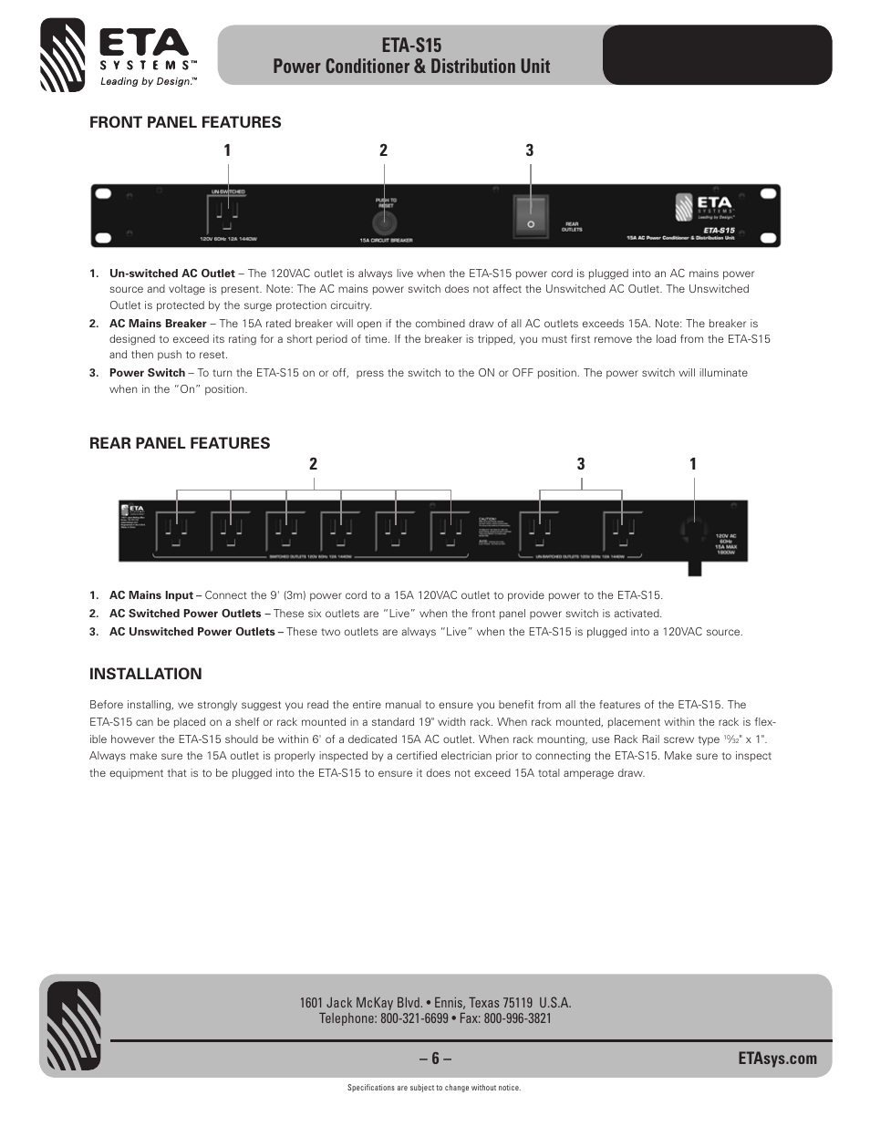 Eta-s15 power conditioner & distribution unit | ETA Systems ETA-S15 User Manual | Page 6 / 8