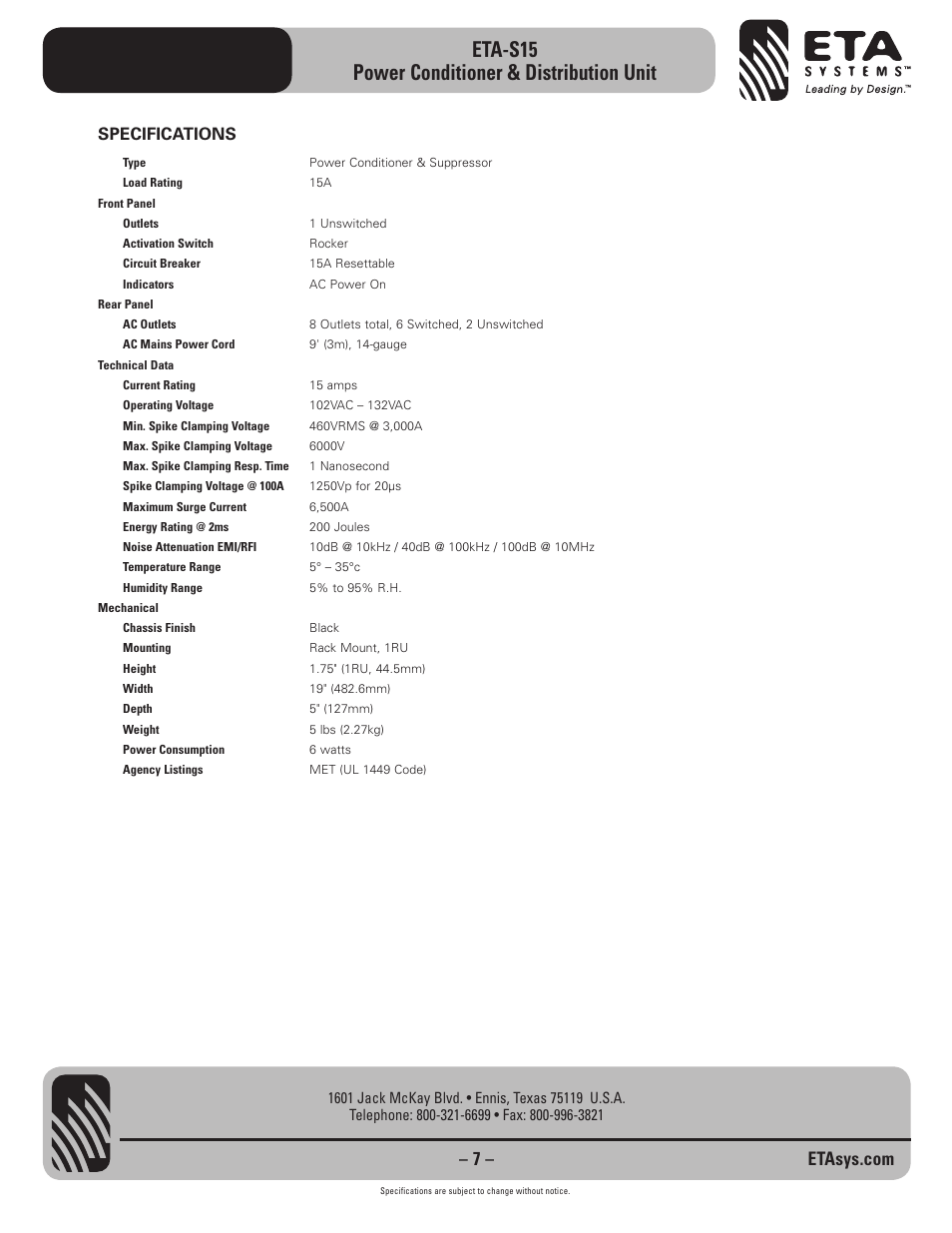 Eta-s15 power conditioner & distribution unit, Specifications | ETA Systems ETA-S15 User Manual | Page 7 / 8