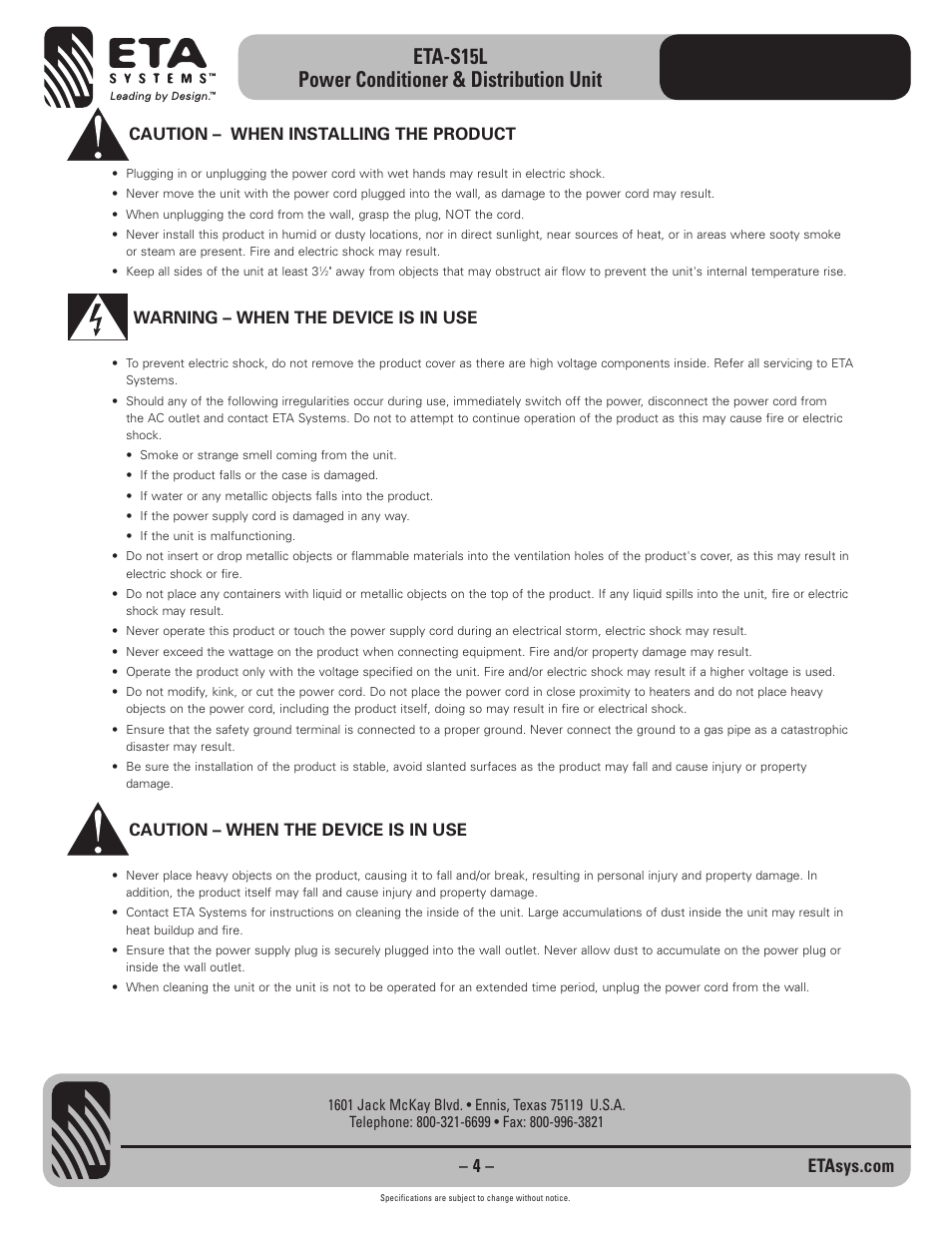 Eta-s15l power conditioner & distribution unit, Caution – when installing the product, Warning – when the device is in use | Caution – when the device is in use | ETA Systems ETA-S15L User Manual | Page 4 / 8