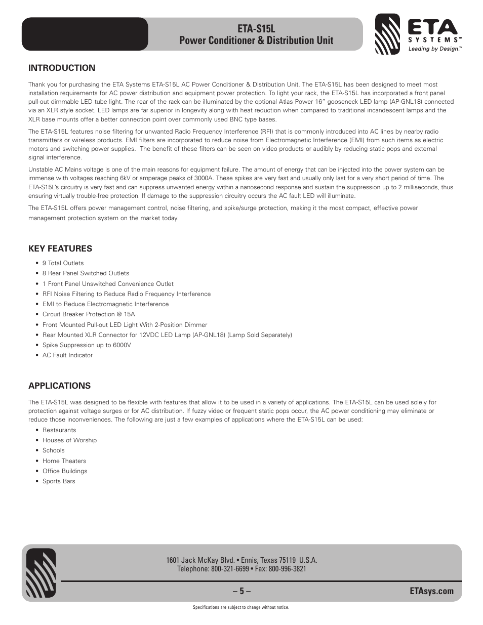 Eta-s15l power conditioner & distribution unit | ETA Systems ETA-S15L User Manual | Page 5 / 8