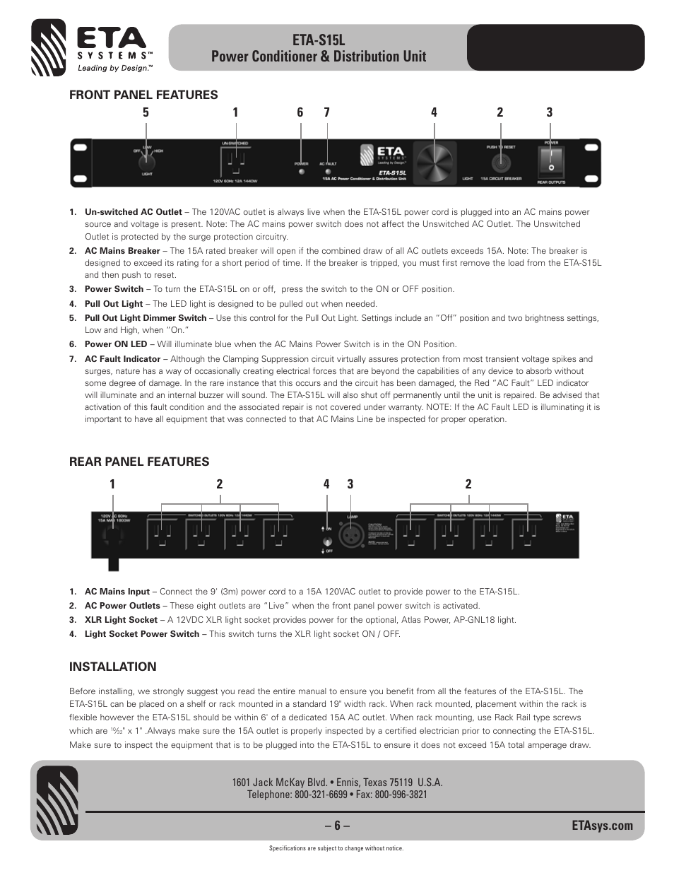 Eta-s15l power conditioner & distribution unit | ETA Systems ETA-S15L User Manual | Page 6 / 8