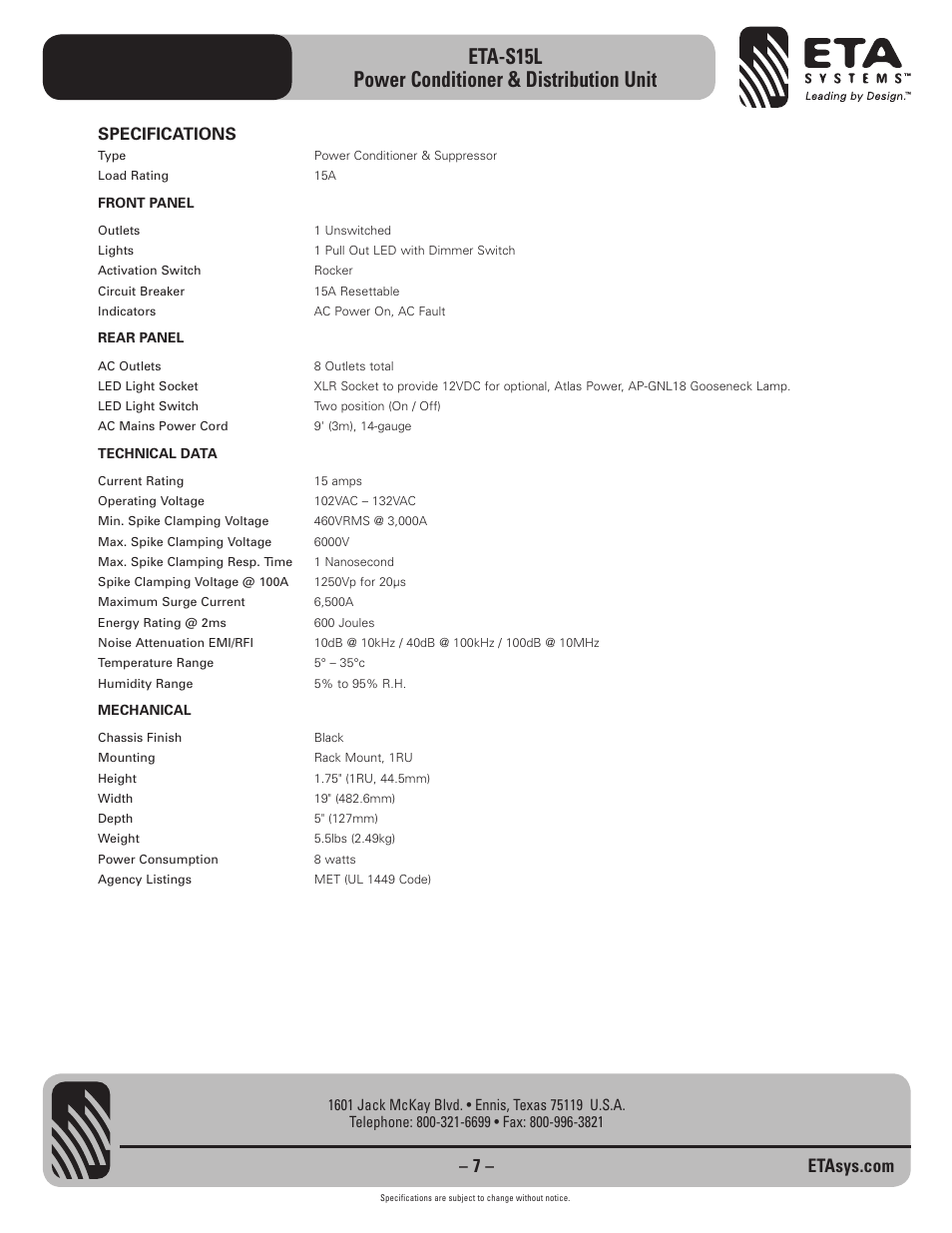 Eta-s15l power conditioner & distribution unit, Specifications | ETA Systems ETA-S15L User Manual | Page 7 / 8