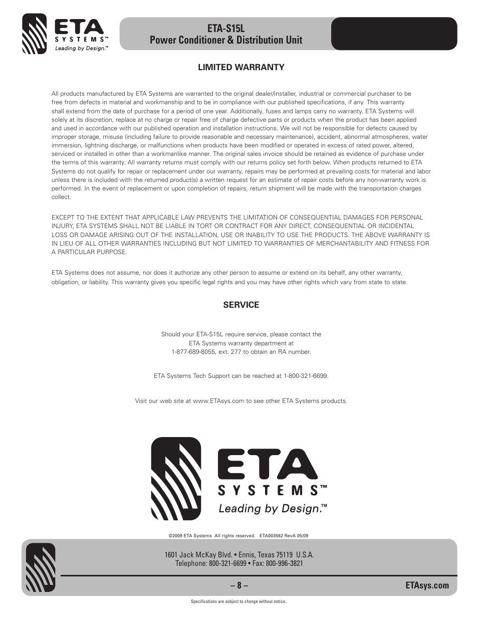 Eta-s15l power conditioner & distribution unit | ETA Systems ETA-S15L User Manual | Page 8 / 8