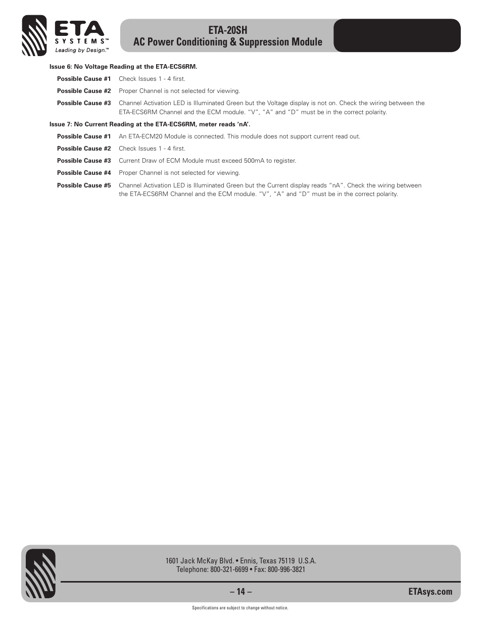 ETA Systems ETA-20SH User Manual | Page 14 / 16