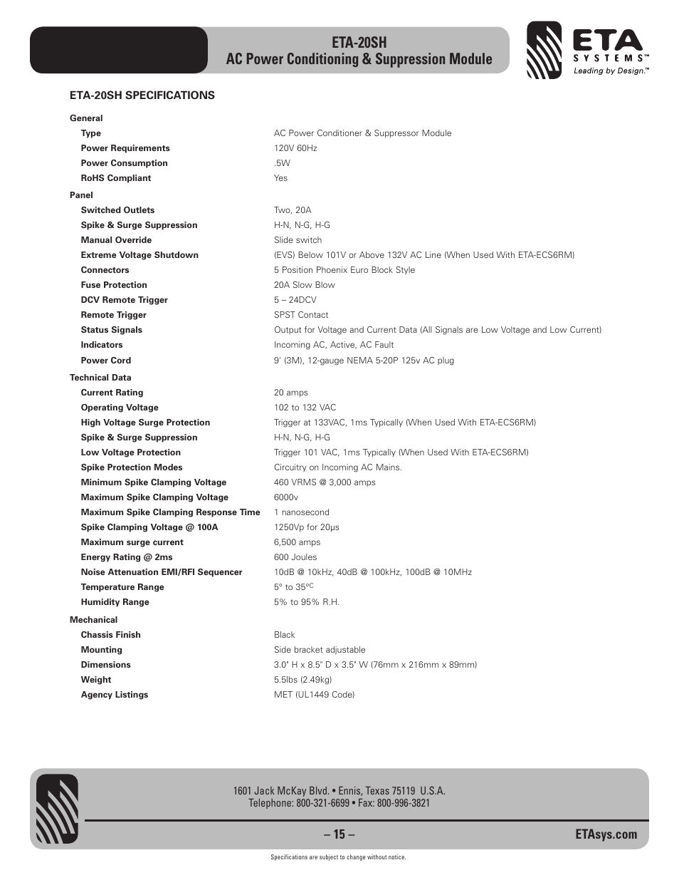 ETA Systems ETA-20SH User Manual | Page 15 / 16