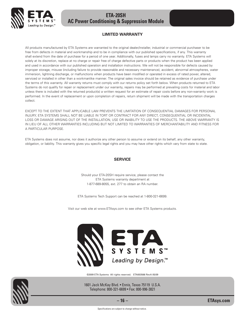 ETA Systems ETA-20SH User Manual | Page 16 / 16