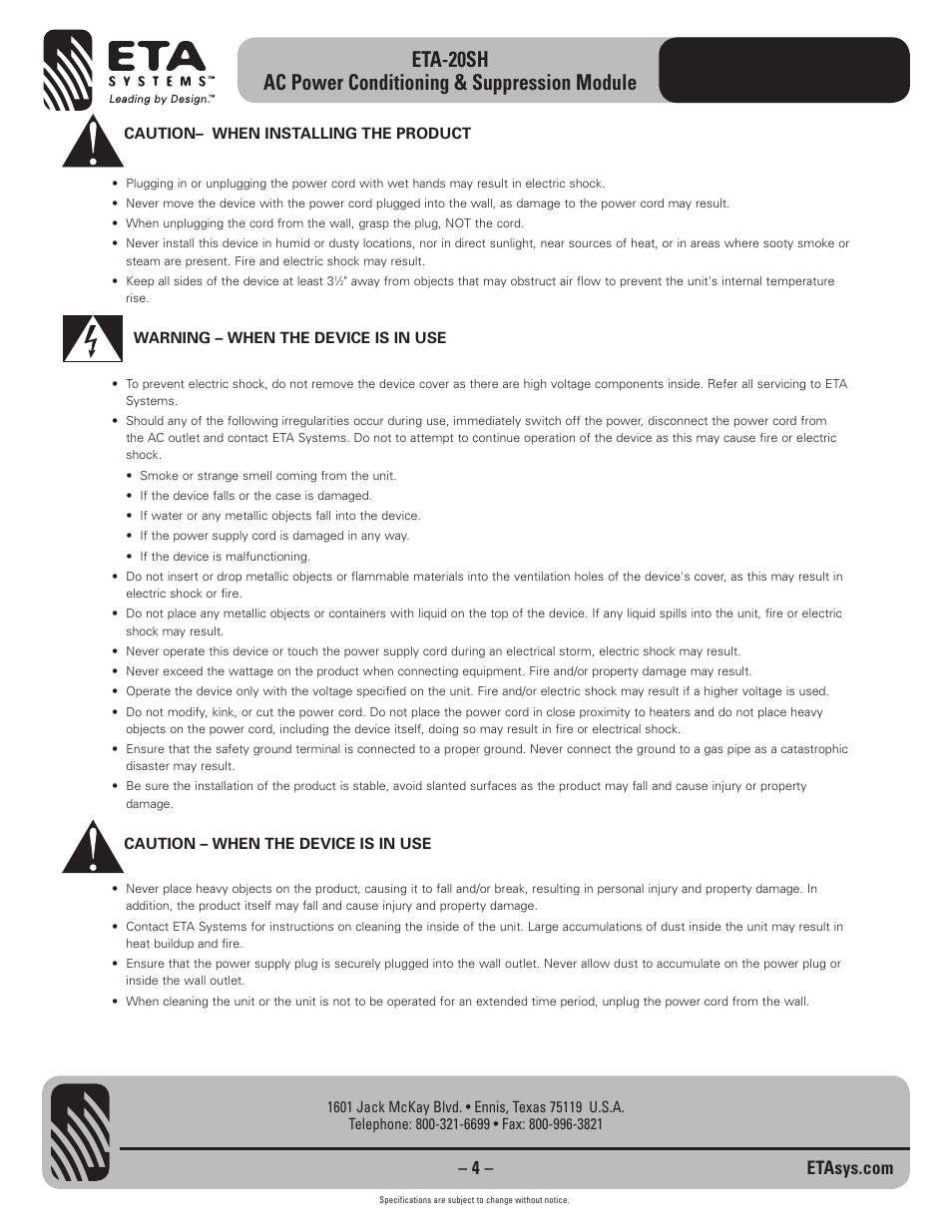 ETA Systems ETA-20SH User Manual | Page 4 / 16
