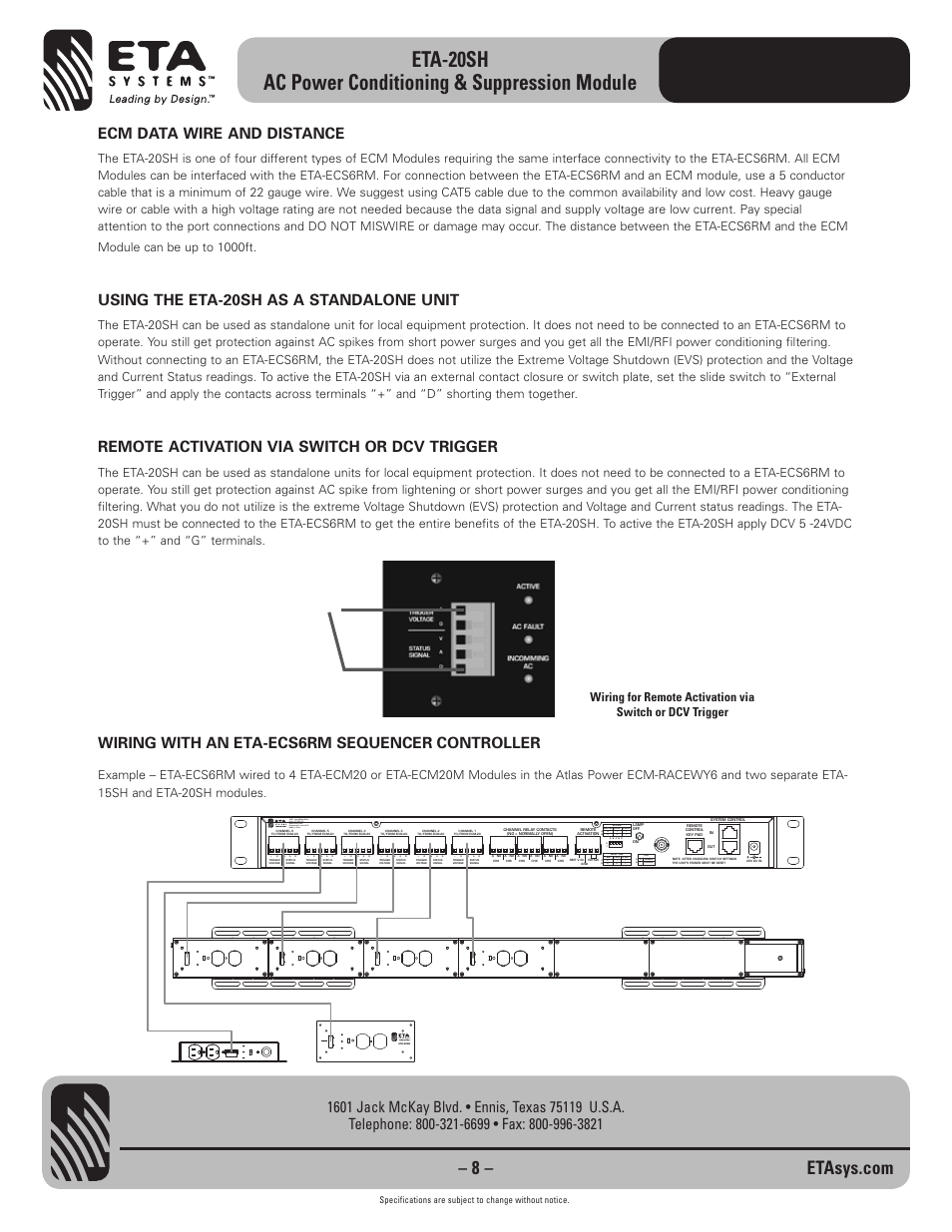 Using the eta-20sh as a standalone unit, Remote activation via switch or dcv trigger, Wiring with an eta-ecs6rm sequencer controller | ETA Systems ETA-20SH User Manual | Page 8 / 16