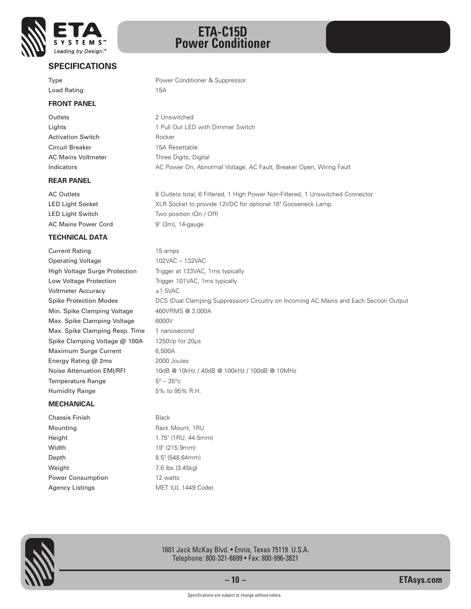 Eta-c15d power conditioner, Specifications | ETA Systems ETA-C15D User Manual | Page 10 / 12