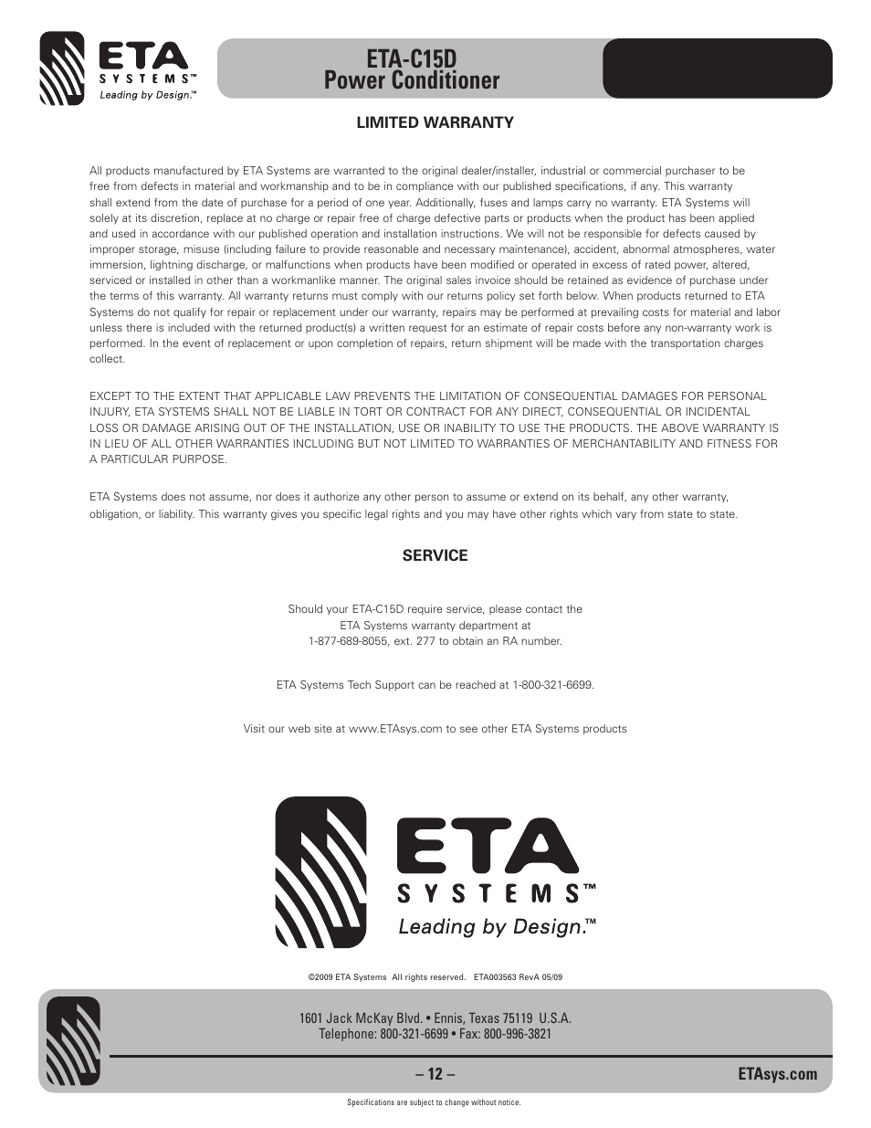 Eta-c15d power conditioner | ETA Systems ETA-C15D User Manual | Page 12 / 12