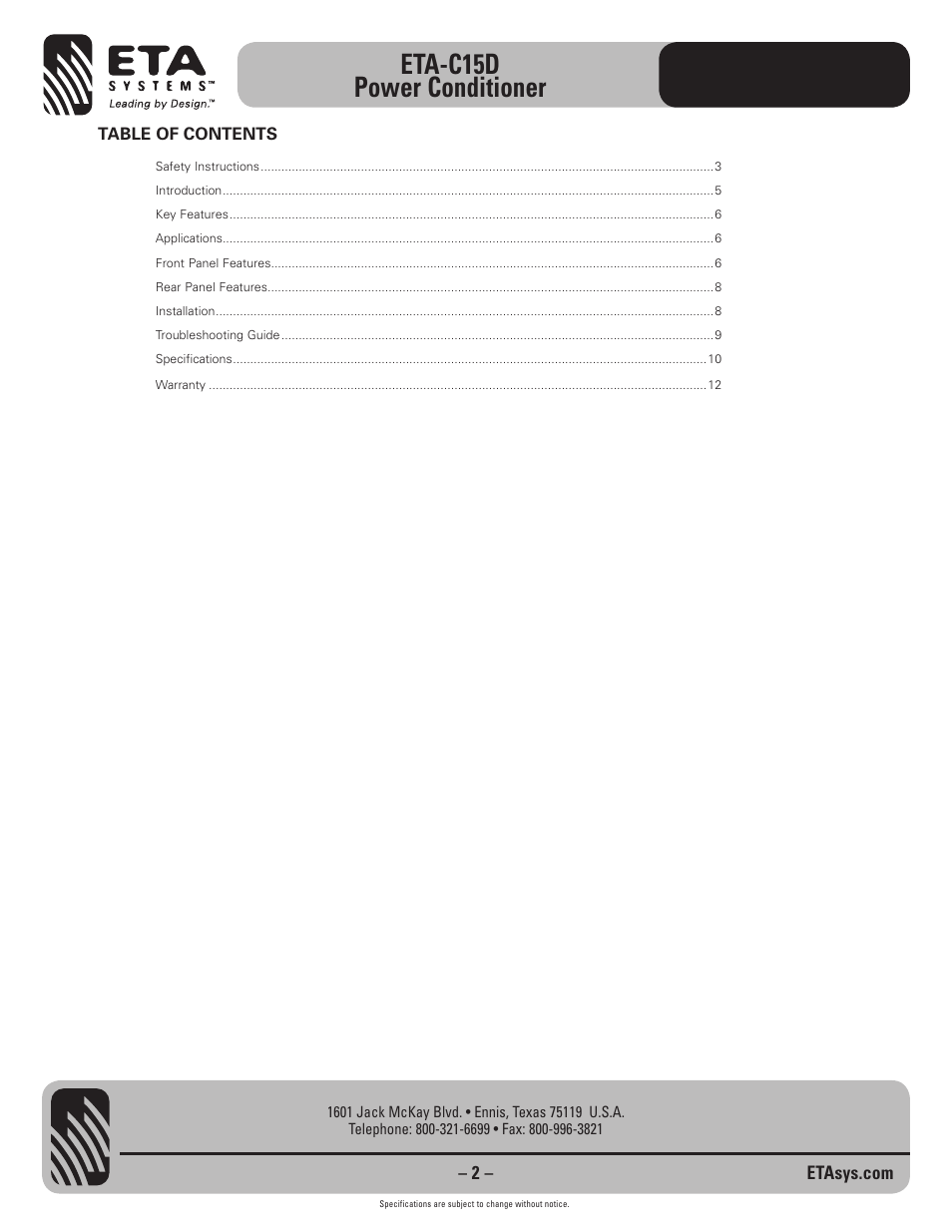 Eta-c15d power conditioner | ETA Systems ETA-C15D User Manual | Page 2 / 12
