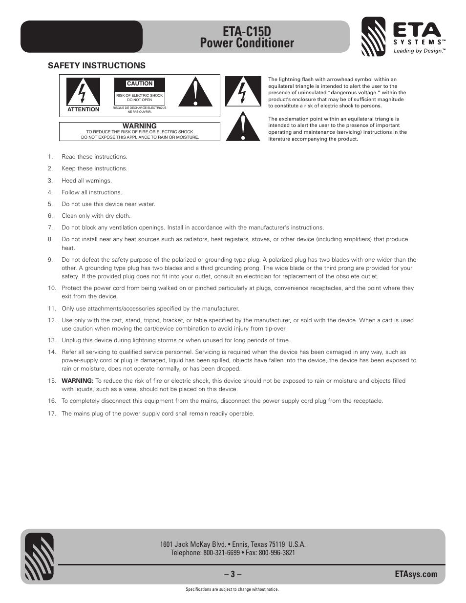 Eta-c15d power conditioner, Safety instructions | ETA Systems ETA-C15D User Manual | Page 3 / 12