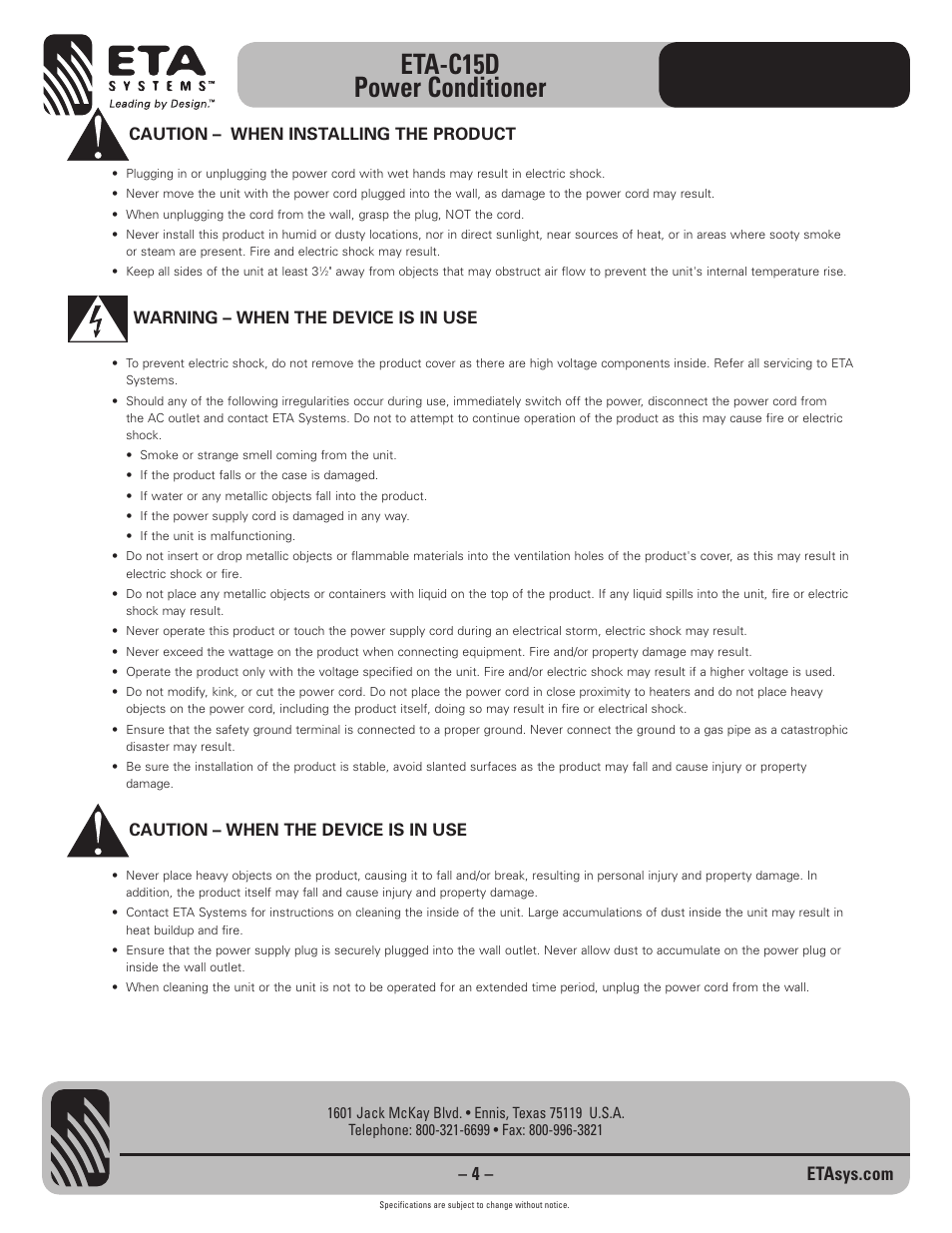 Eta-c15d power conditioner, Caution – when installing the product, Warning – when the device is in use | Caution – when the device is in use | ETA Systems ETA-C15D User Manual | Page 4 / 12
