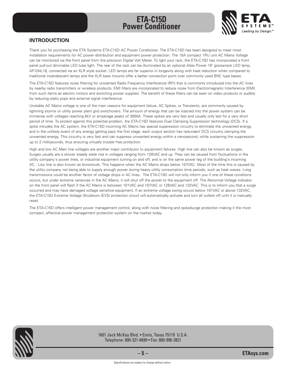 Eta-c15d power conditioner | ETA Systems ETA-C15D User Manual | Page 5 / 12
