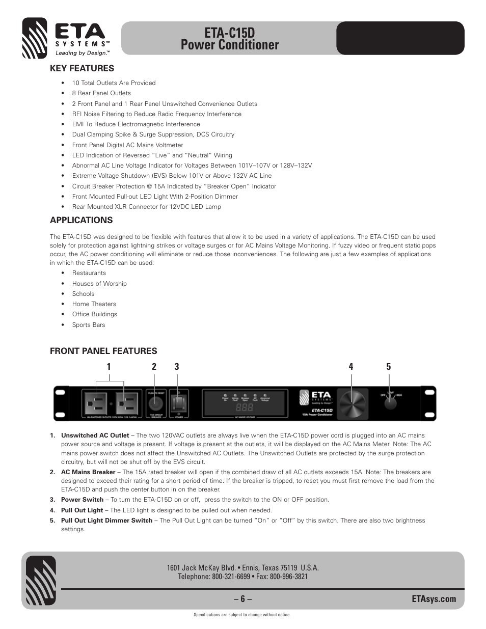 Eta-c15d power conditioner | ETA Systems ETA-C15D User Manual | Page 6 / 12