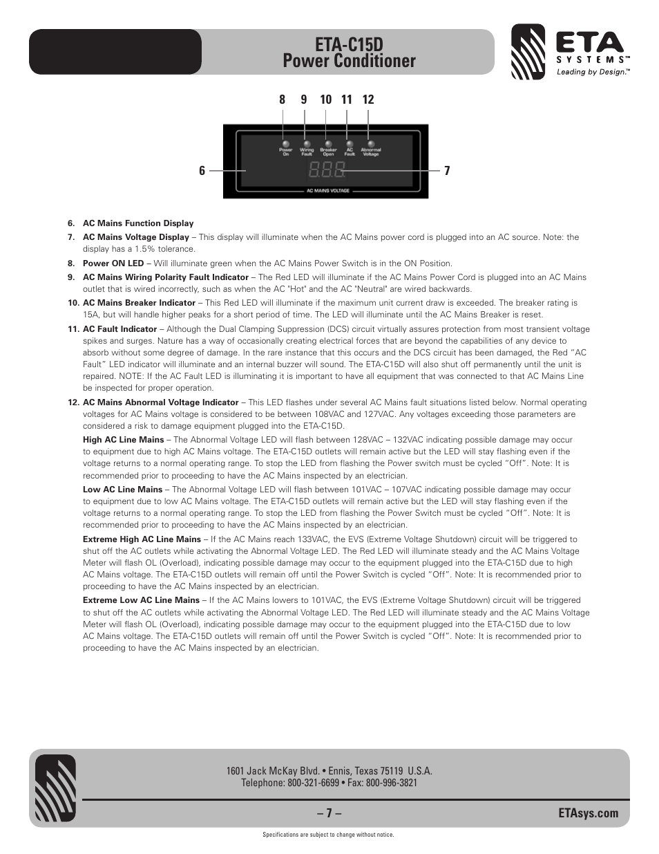 Eta-c15d power conditioner | ETA Systems ETA-C15D User Manual | Page 7 / 12