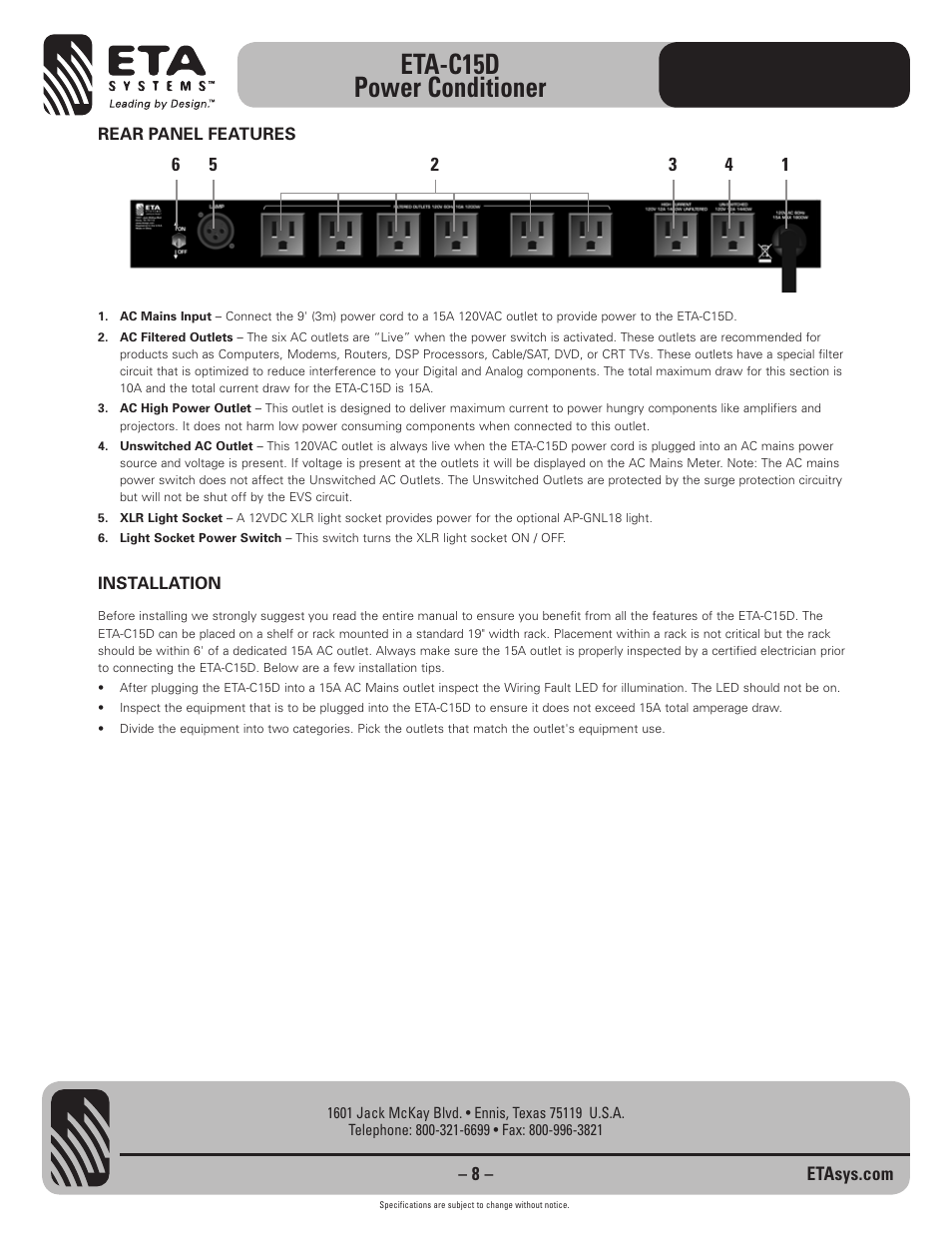 Eta-c15d power conditioner | ETA Systems ETA-C15D User Manual | Page 8 / 12