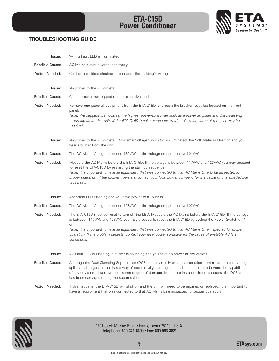 Eta-c15d power conditioner, Troubleshooting guide | ETA Systems ETA-C15D User Manual | Page 9 / 12