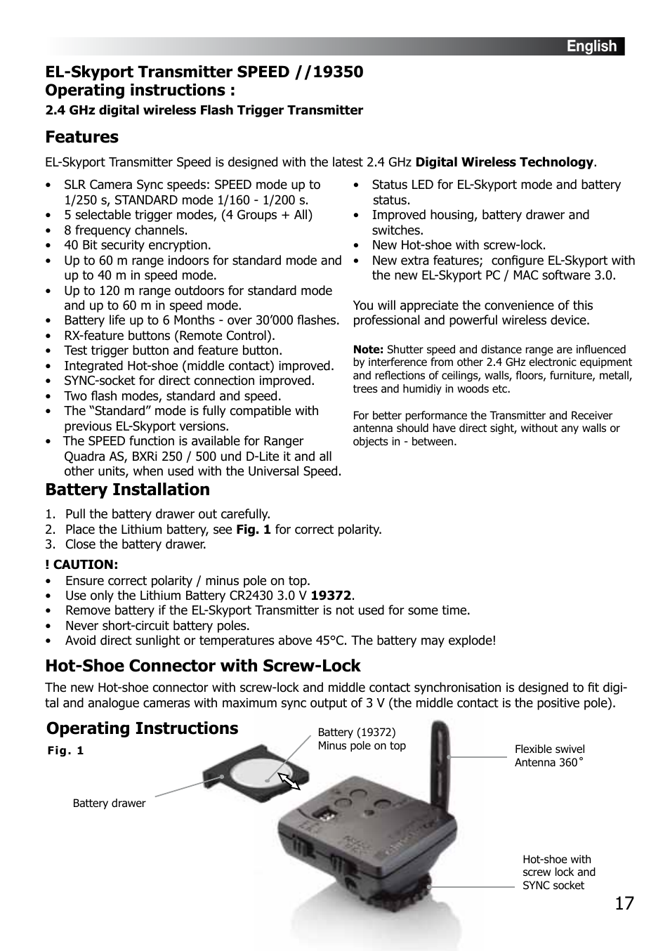 Battery installation, Hot-shoe connector with screw-lock, Operating instructions | Features, English | Elinchrom BX 500RI User Manual | Page 18 / 22