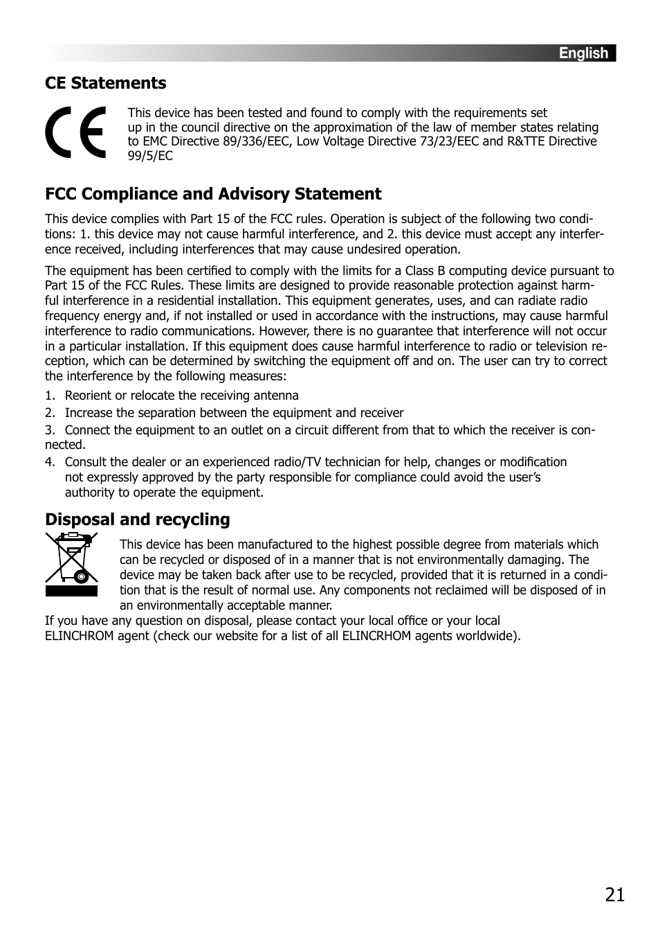 Ce statements, Fcc compliance and advisory statement, Disposal and recycling | Elinchrom BX 500RI User Manual | Page 22 / 22