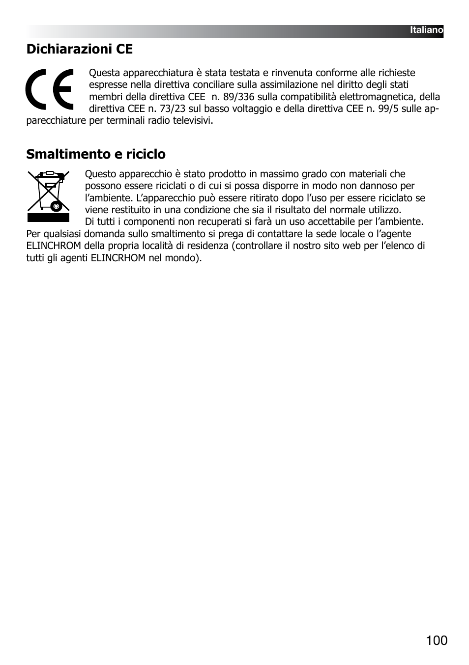 Dichiarazioni ce, Smaltimento e riciclo | Elinchrom D-LITE 2 IT User Manual | Page 101 / 125