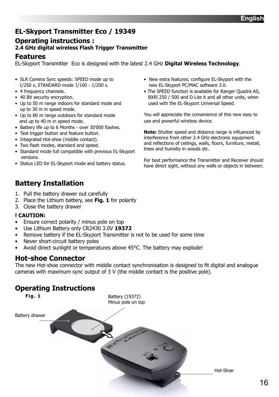 Features, Battery installation, Hot-shoe connector | Operating instructions, English | Elinchrom D-LITE 2 IT User Manual | Page 17 / 125